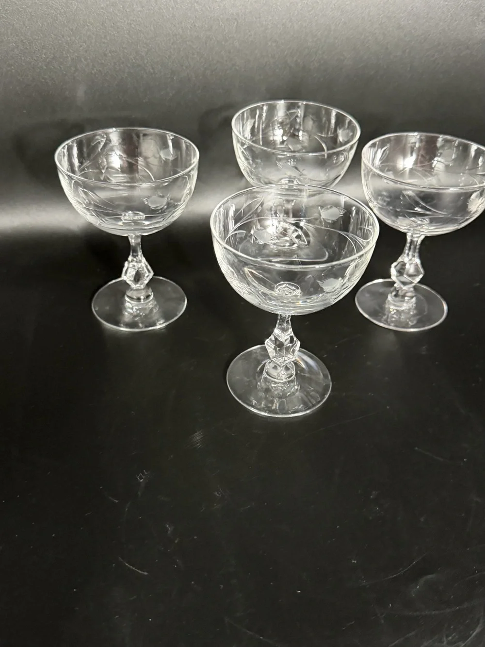 Vintage Etched Crystal Champagne Tall Sherbet Glasses Faceted Stem Set of 4